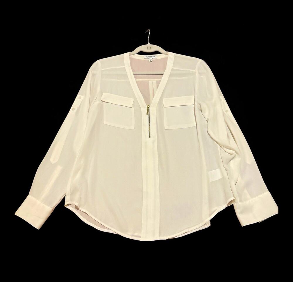 Express Women’s White Chiffon V-Neck Zip Blouse Long Sleeve Size S